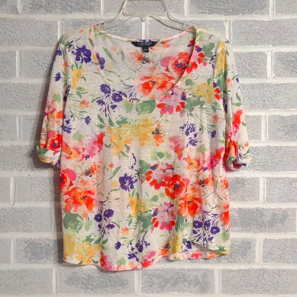 Lauren Ralph Lauren Women's 100% Linen Floral Short Sleeve Blouse Size Large